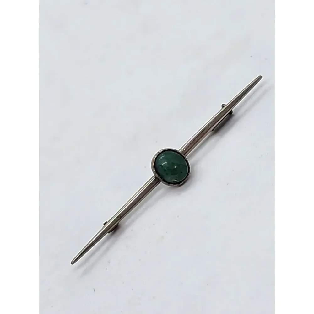 Antique Long Bar Brooch Pin Sterling Silver Jade Cabochon Tie Suite Collar Hat